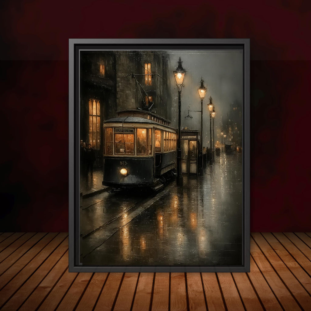 Victorian Tram Wall Art Print, Moody Rainy Street Scene, Dark Academia Gothic City Decor