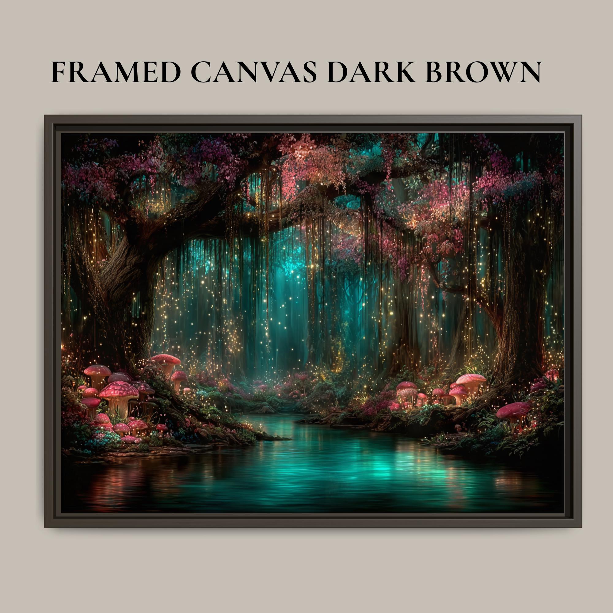 Pink Toadstools Teal River Golden Fireflies Willow Art Print, Glowing Enchanted Forest Magical Painting