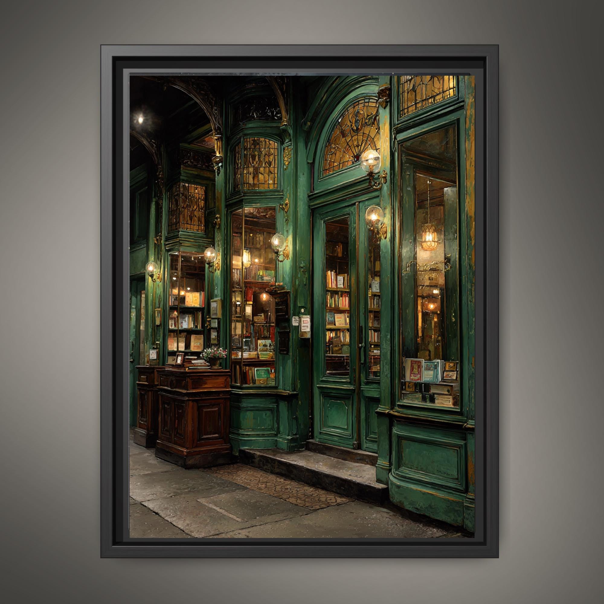 Victorian Green Bookstore Wall Art Print Vintage Library Storefront Moody London Bookshop Painting Main image