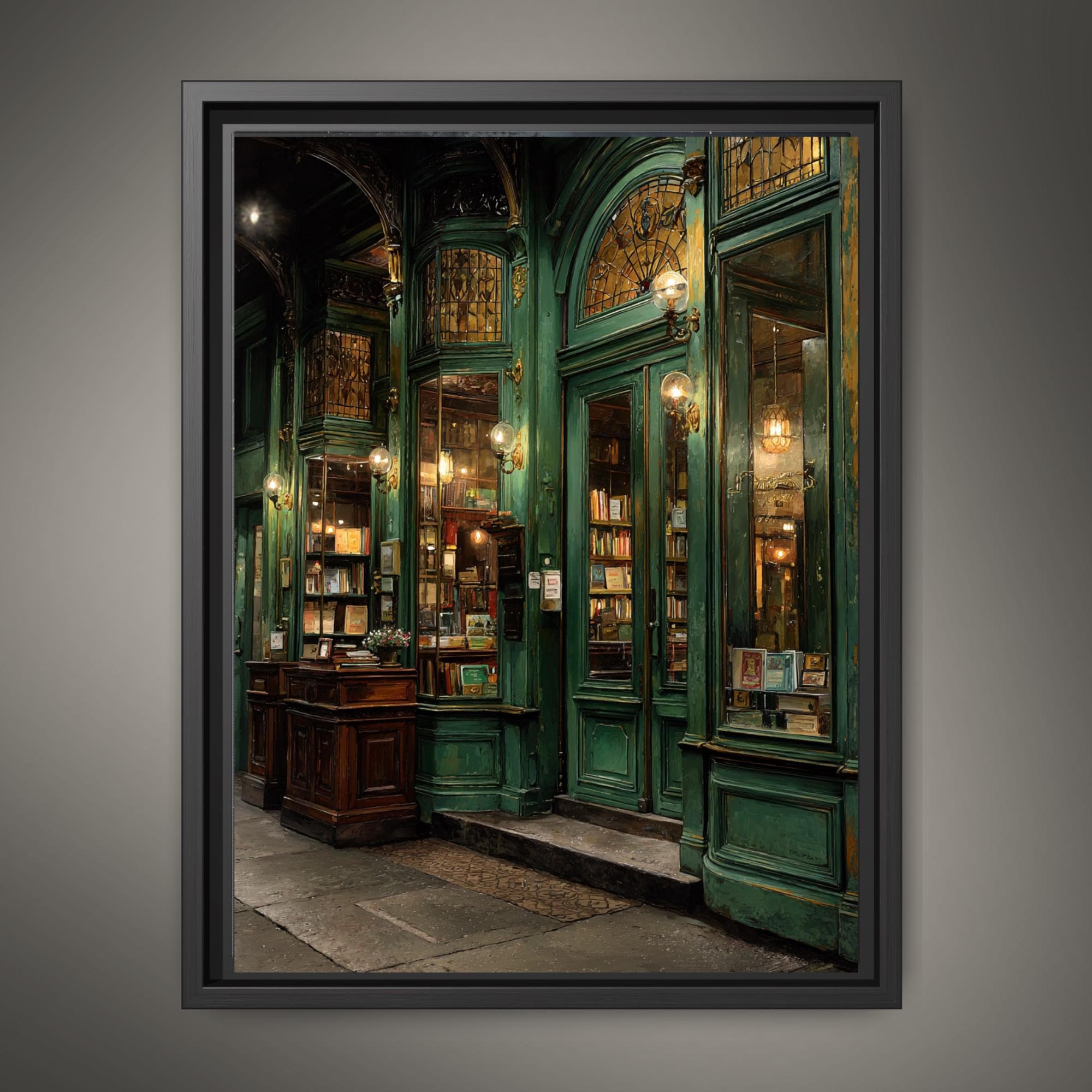 Victorian Green Bookstore Wall Art Print Vintage Library Storefront Moody London Bookshop Painting