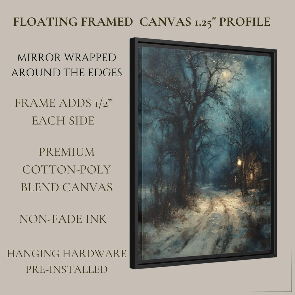 Winter Cottage Snowy Path Art Print, Moody Snow Scene, Wintery Moon Tree Silhouette Painting