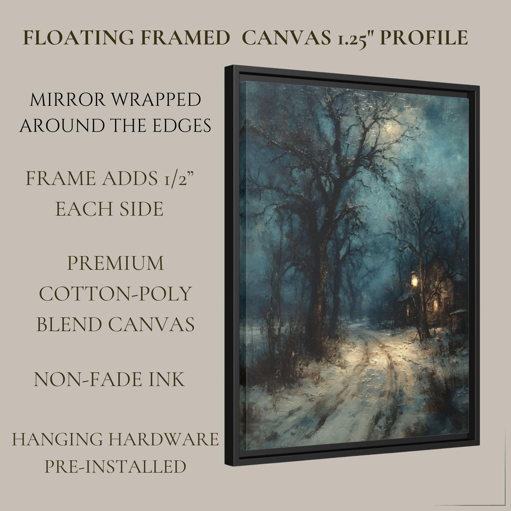 Winter Cottage Snowy Path Art Print, Moody Snow Scene, Wintery Moon Tree Silhouette Painting