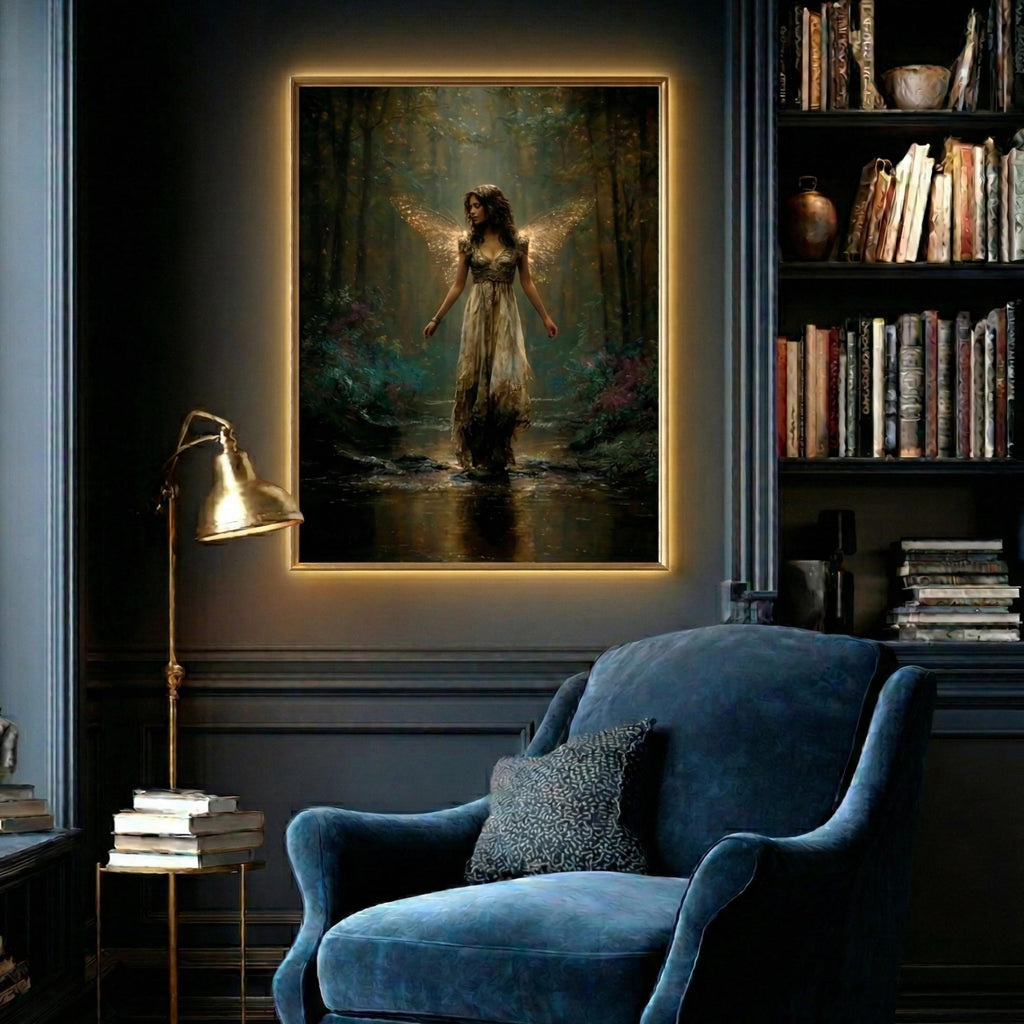 Golden Wing Fairy Wall Art Print, Enchanted Forest Fae Woman Painting, Magical Fairycore Decor