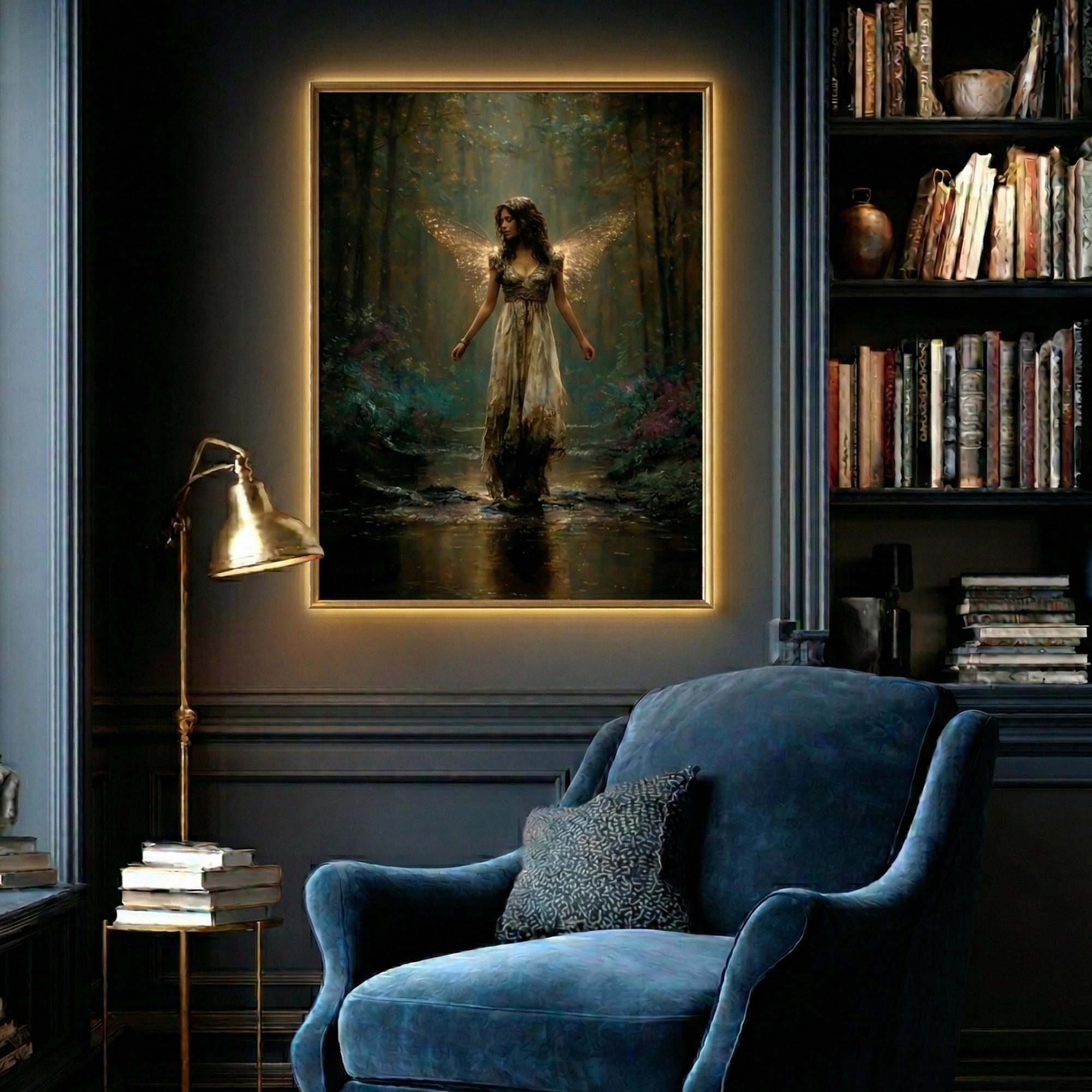 Golden Wing Fairy Wall Art Print, Enchanted Forest Fae Woman Painting, Magical Fairycore Decor