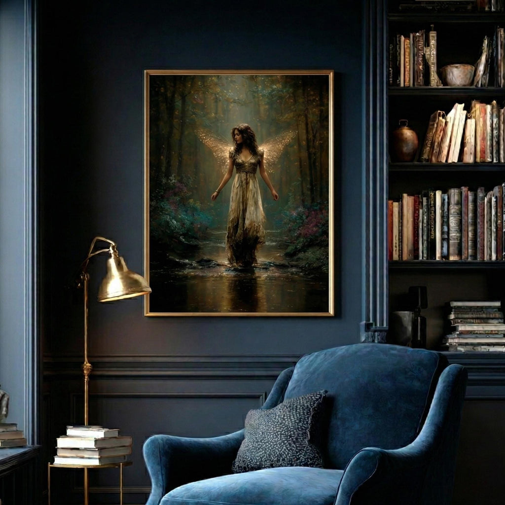 Golden Wing Fairy Wall Art Print, Enchanted Forest Fae Woman Painting, Magical Fairycore Decor