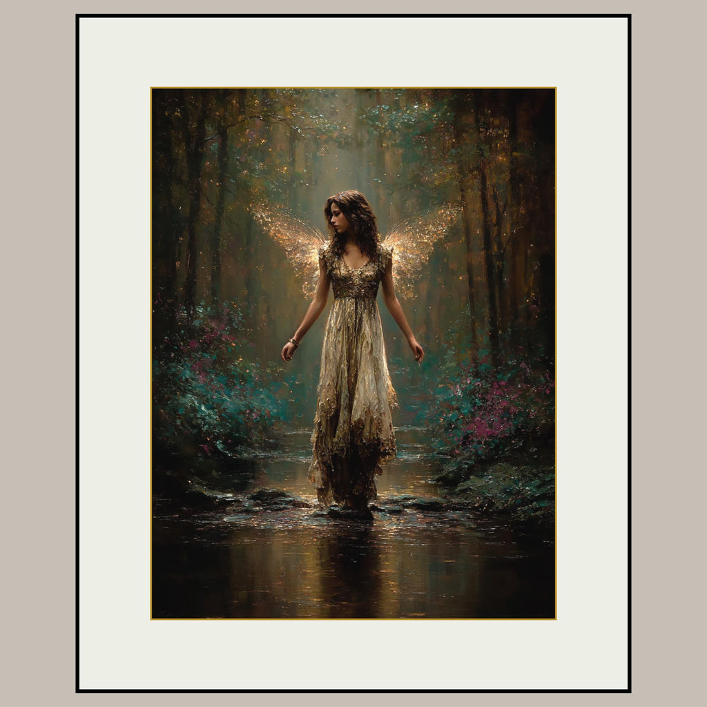 Golden Wing Fairy Wall Art Print, Enchanted Forest Fae Woman Painting, Magical Fairycore Decor