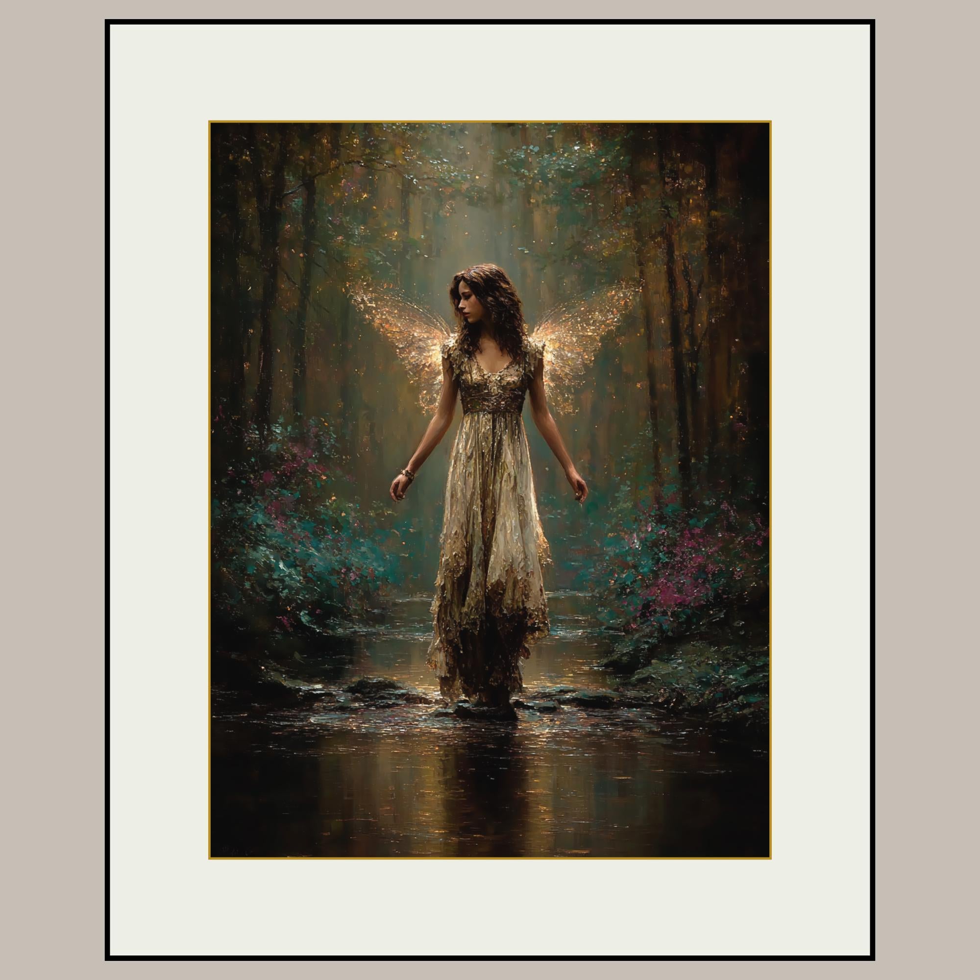 Golden Wing Fairy Wall Art Print, Enchanted Forest Fae Woman Painting, Magical Fairycore Decor