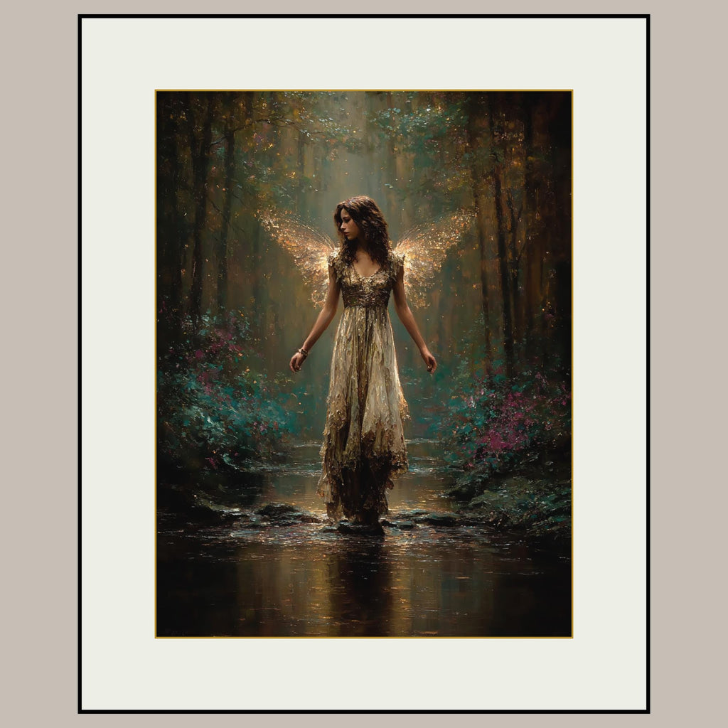 Golden Wing Fairy Wall Art Print, Enchanted Forest Fae Woman Painting, Magical Fairycore Decor