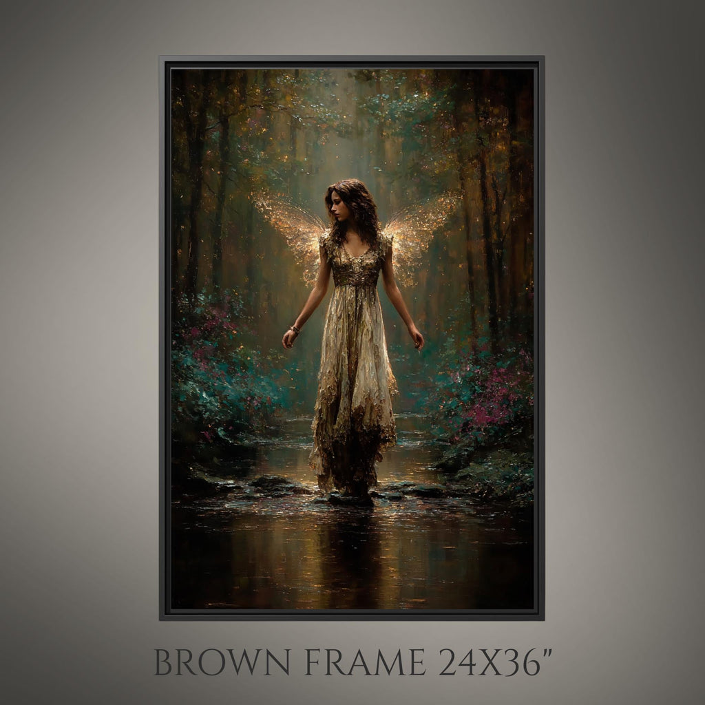 Golden Wing Fairy Wall Art Print, Enchanted Forest Fae Woman Painting, Magical Fairycore Decor