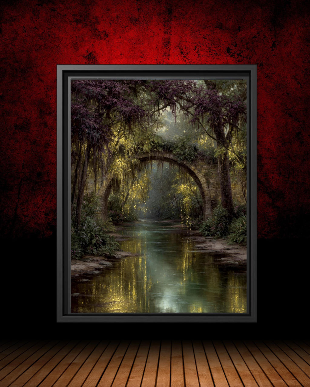 Fairy Bridge River Art Print, Enchanted Woodland Illustration, Vintage Fantasy Firefly Oil Style Painting