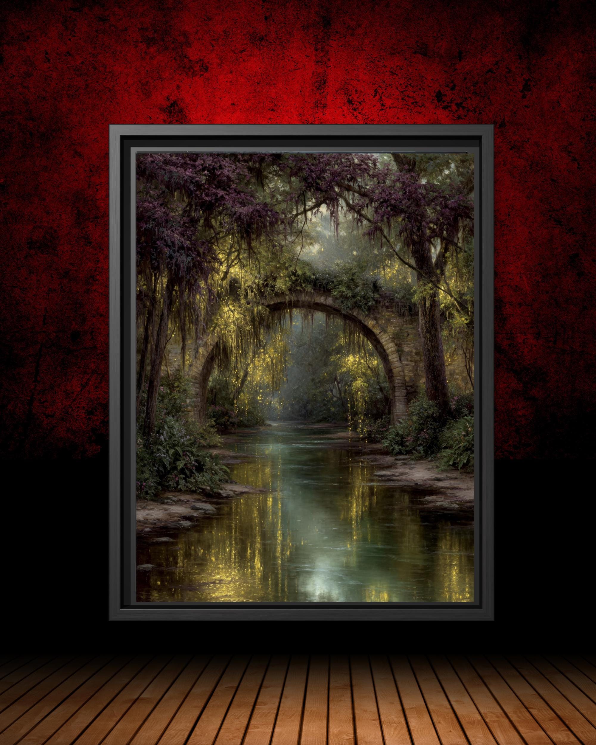 Fairy Bridge River Art Print, Enchanted Woodland Illustration, Vintage Fantasy Firefly Oil Style Painting