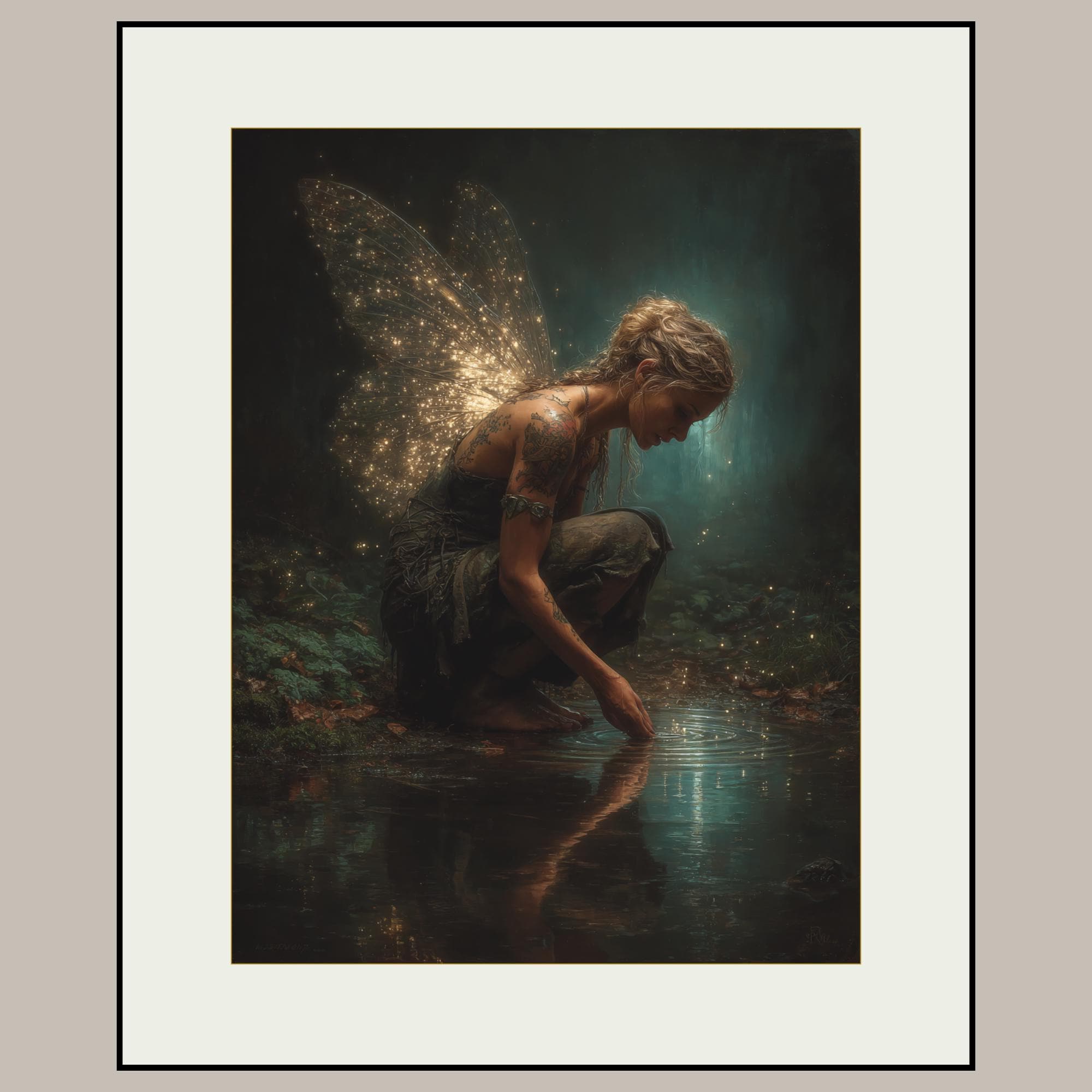 Tattooed Fairy Wall Art Print, Golden Wings Fantasy Painting, Dark Fairycore Enchanted Forest Decor