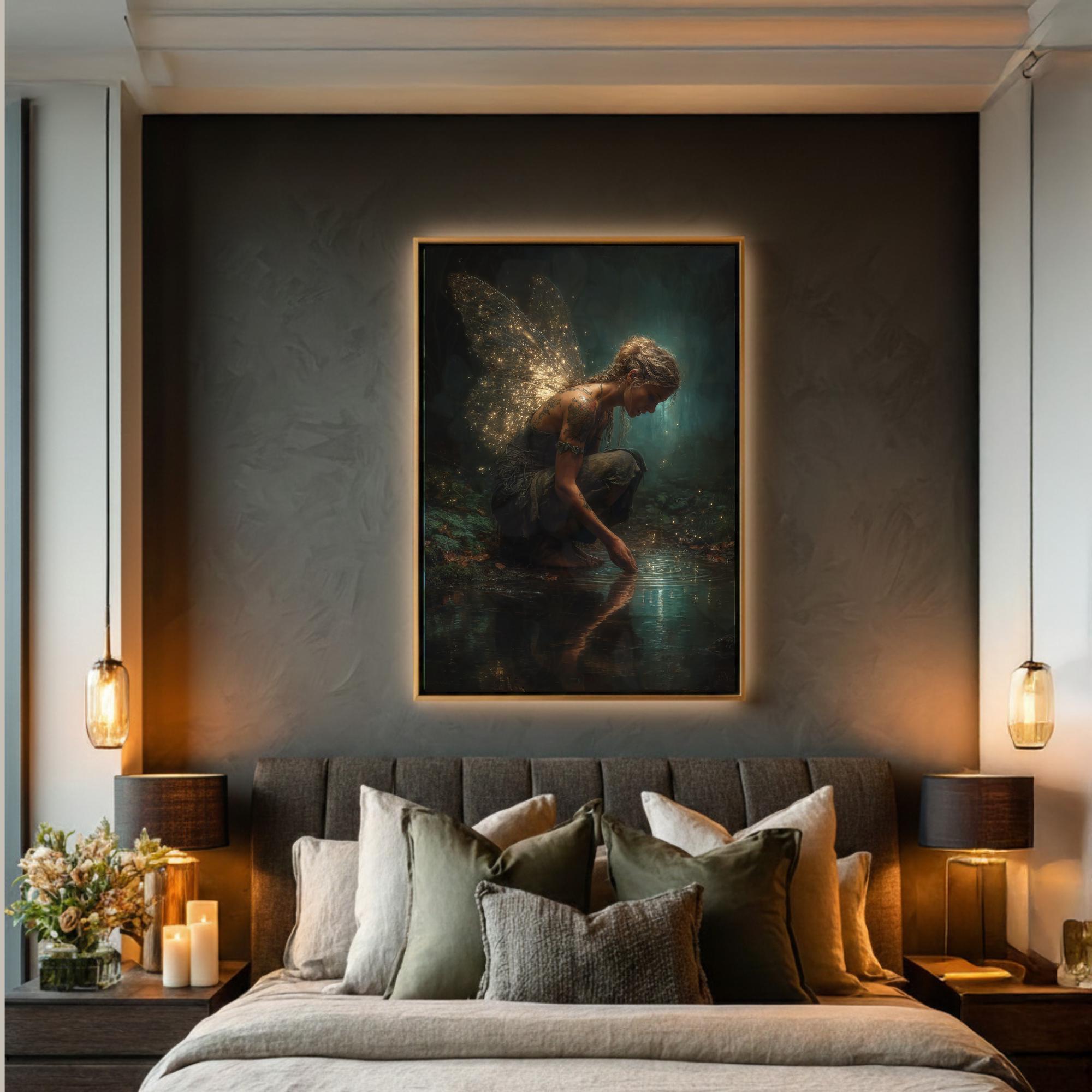 Tattooed Fairy Wall Art Print, Golden Wings Fantasy Painting, Dark Fairycore Enchanted Forest Decor