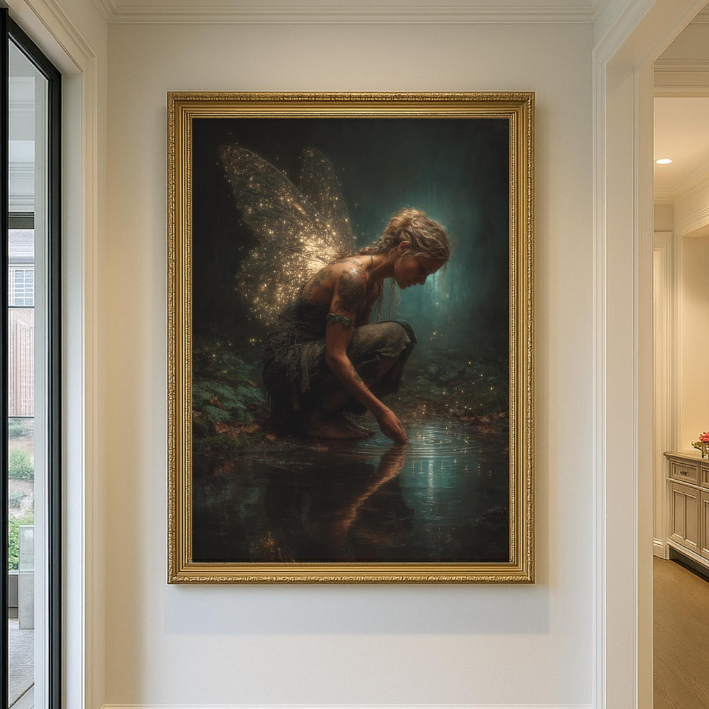 Tattooed Fairy Wall Art Print, Golden Wings Fantasy Painting, Dark Fairycore Enchanted Forest Decor