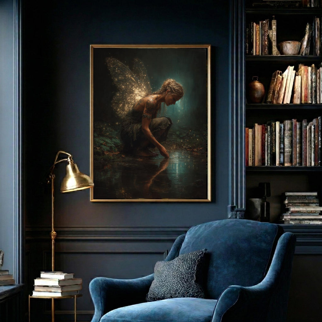 Tattooed Fairy Wall Art Print, Golden Wings Fantasy Painting, Dark Fairycore Enchanted Forest Decor