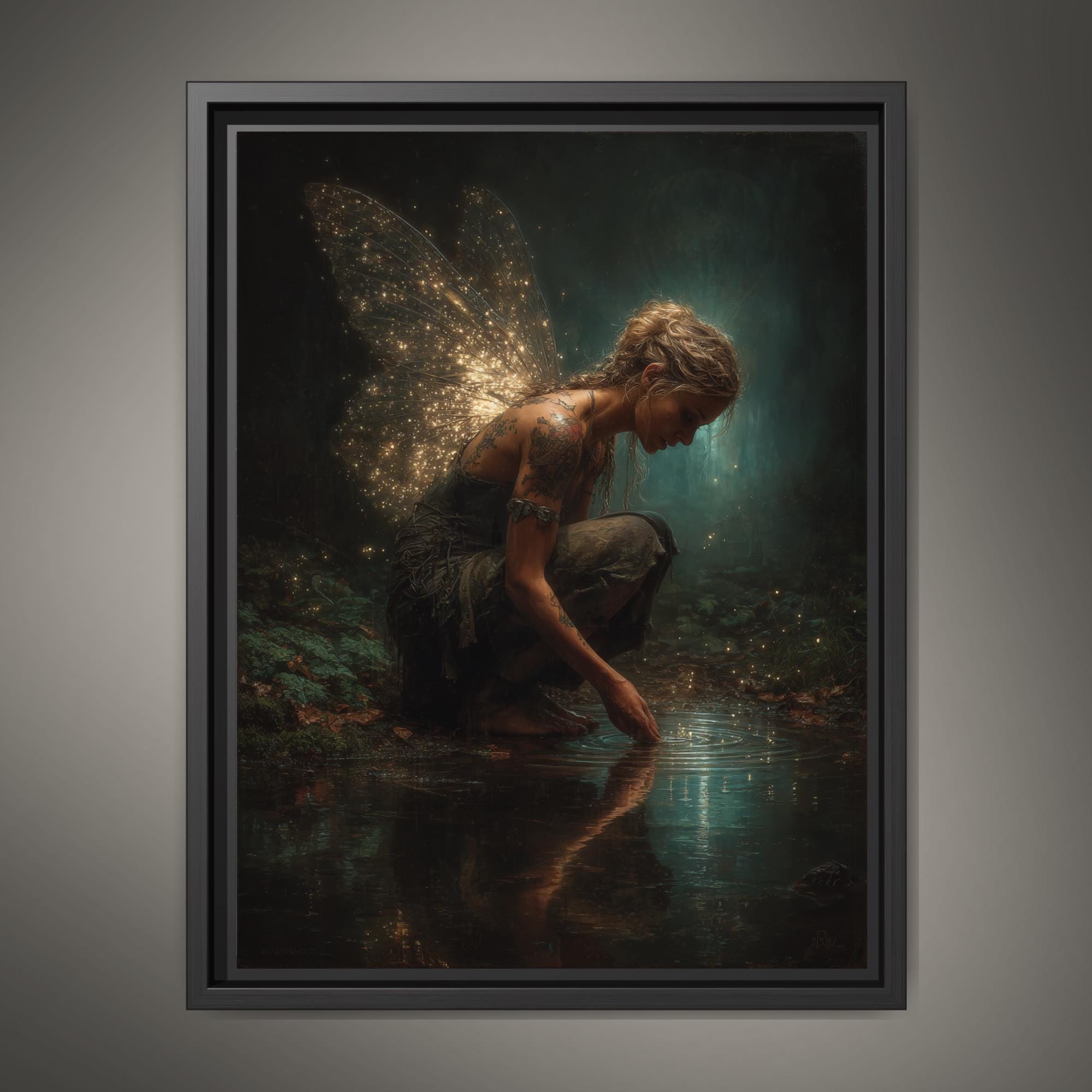 Tattooed Fairy Wall Art Print, Golden Wings Fantasy Painting, Dark Fairycore Enchanted Forest Decor