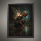 Tattooed Fairy Wall Art Print, Golden Wings Fantasy Painting, Dark Fairycore Enchanted Forest Decor