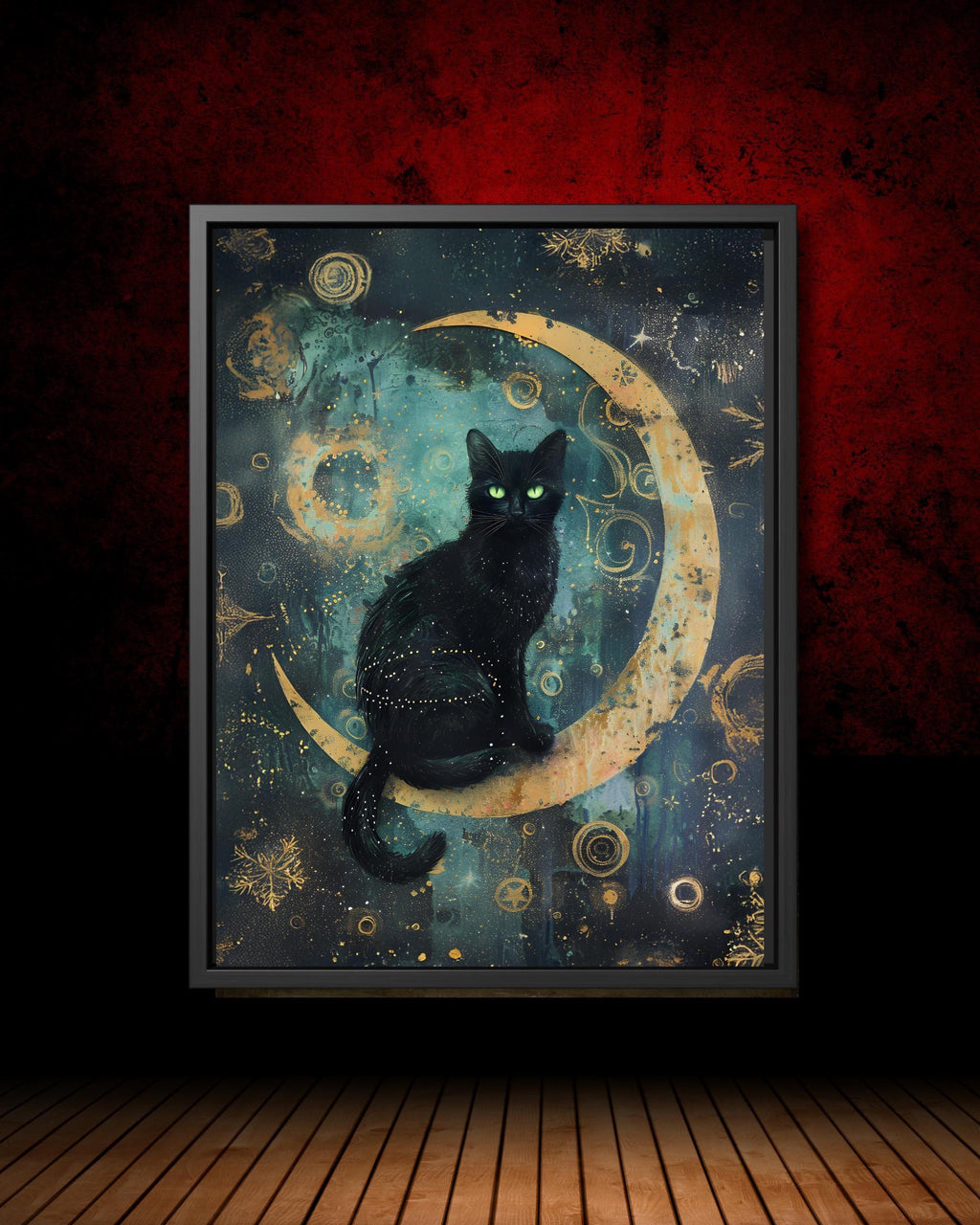 Black Cat on Crescent Moon Teal Art Print Mystical Celestial Dark Academia Wall Decor
