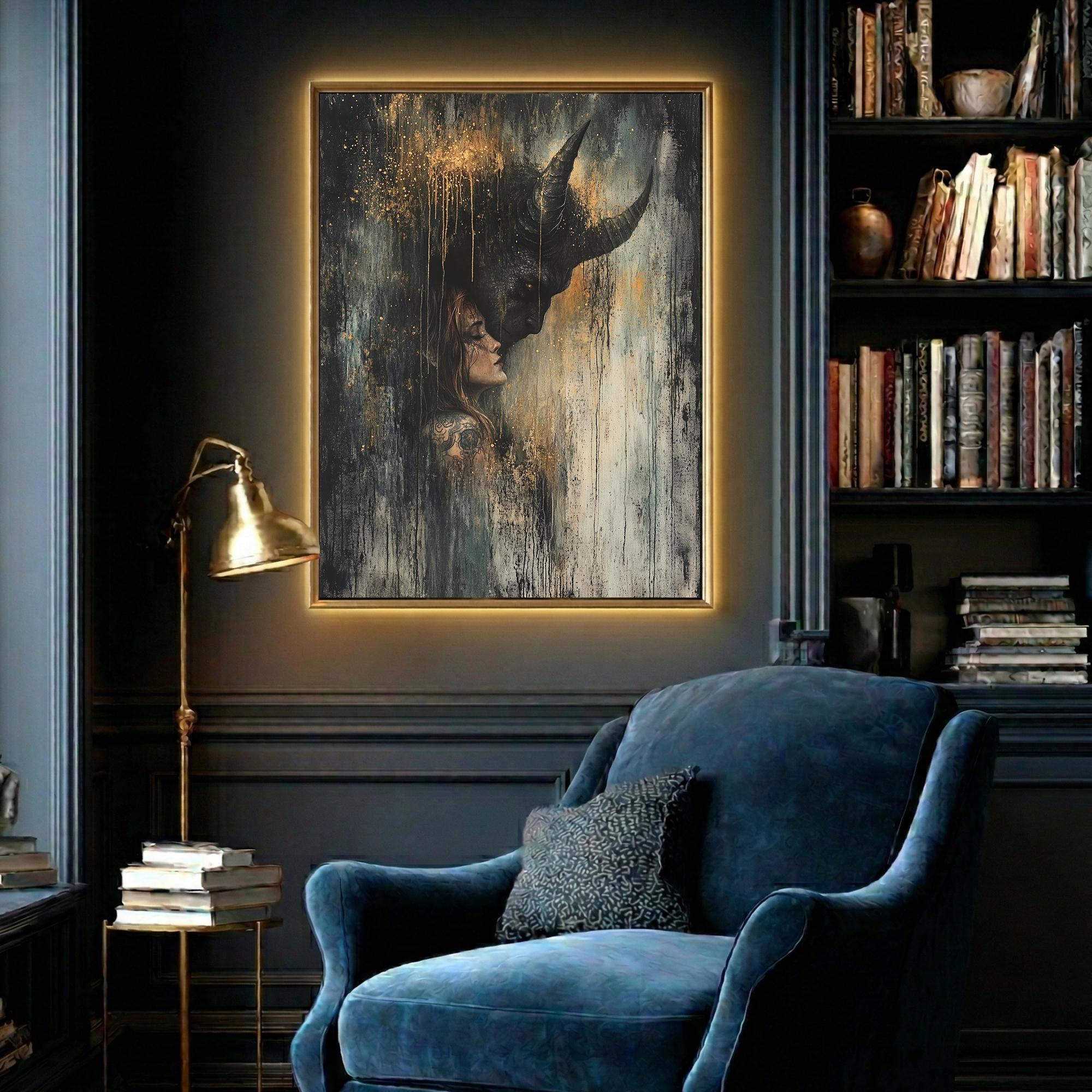 Black Horned Demon and Woman Art Print Dark Fantasy Gold Drip Occult Devil Decor