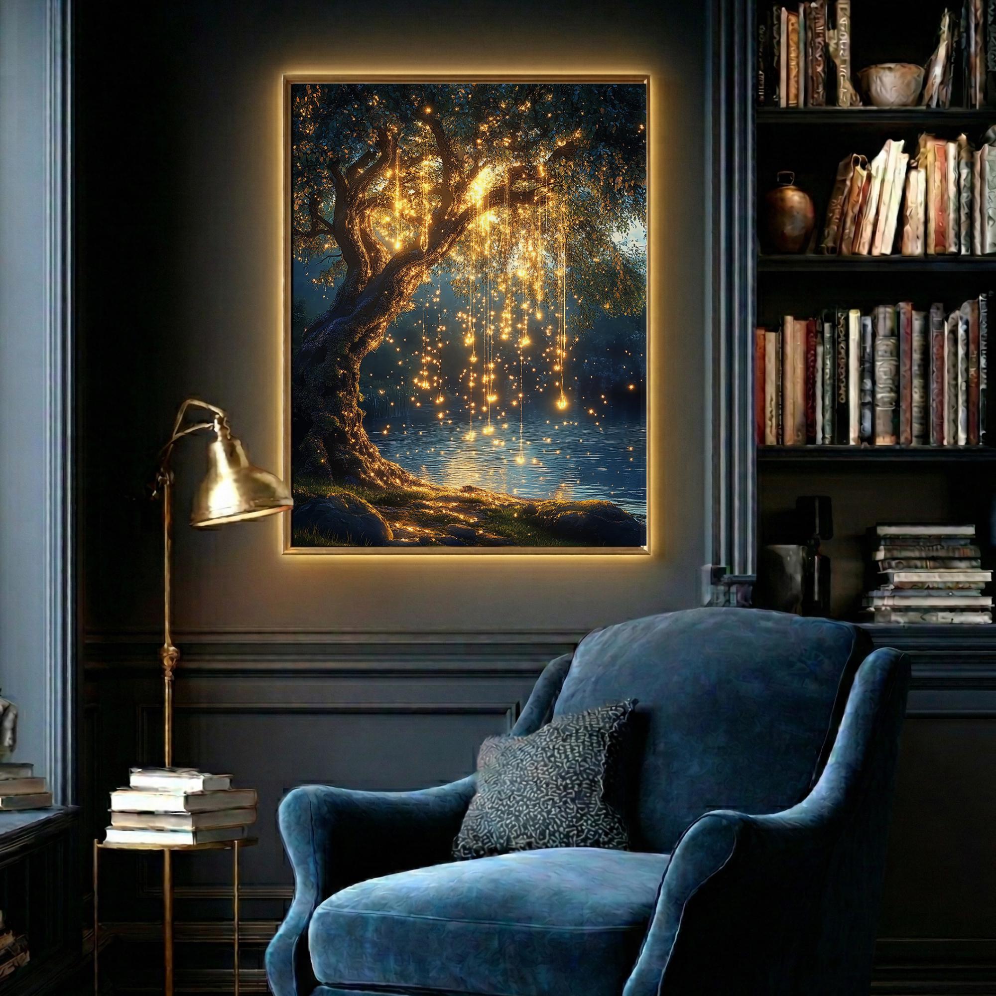 Willow Tree with Fairy Lights Print, Moonlit Lake Wall Art, Enchanted Dark Academia Painting Secondary image