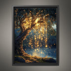Willow Tree with Fairy Lights Print, Moonlit Lake Wall Art, Enchanted Dark Academia Painting
