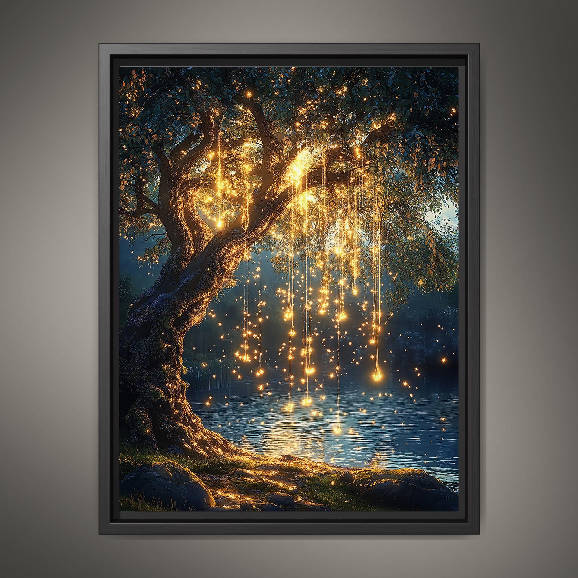 Willow Tree with Fairy Lights Print, Moonlit Lake Wall Art, Enchanted Dark Academia Painting