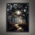 Haunted Forest Full Moon Print, Moonlit Woodland Path Wall Art, Moody Enchanted Woods Painting