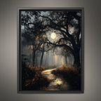 Haunted Forest Full Moon Print, Moonlit Woodland Path Wall Art, Moody Enchanted Woods Painting