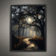 Haunted Forest Full Moon Print, Moonlit Woodland Path Wall Art, Moody Enchanted Woods Painting