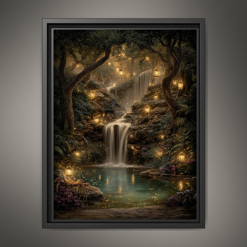 Enchanted Woodland Waterfall Print, Fireflies and Golden Lights Magical Forest Tree Painting