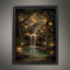 Enchanted Woodland Waterfall Print, Fireflies and Golden Lights Magical Forest Tree Painting