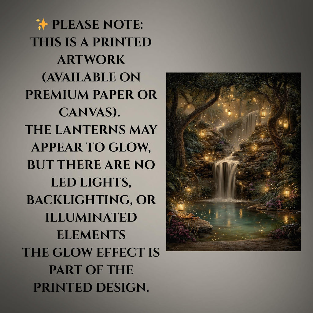 Enchanted Woodland Waterfall Print, Fireflies and Golden Lights Magical Forest Tree Painting