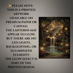 Enchanted Woodland Waterfall Print, Fireflies and Golden Lights Magical Forest Tree Painting