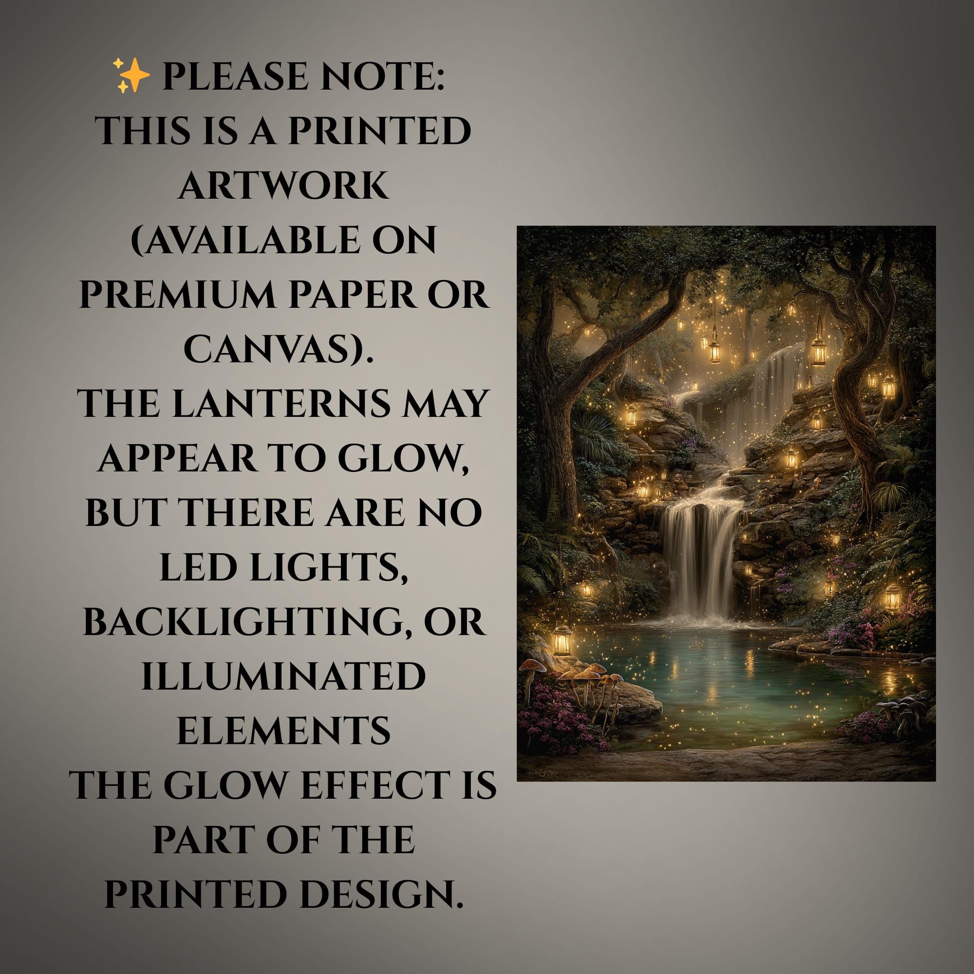 Enchanted Woodland Waterfall Print, Fireflies and Golden Lights Magical Forest Tree Painting