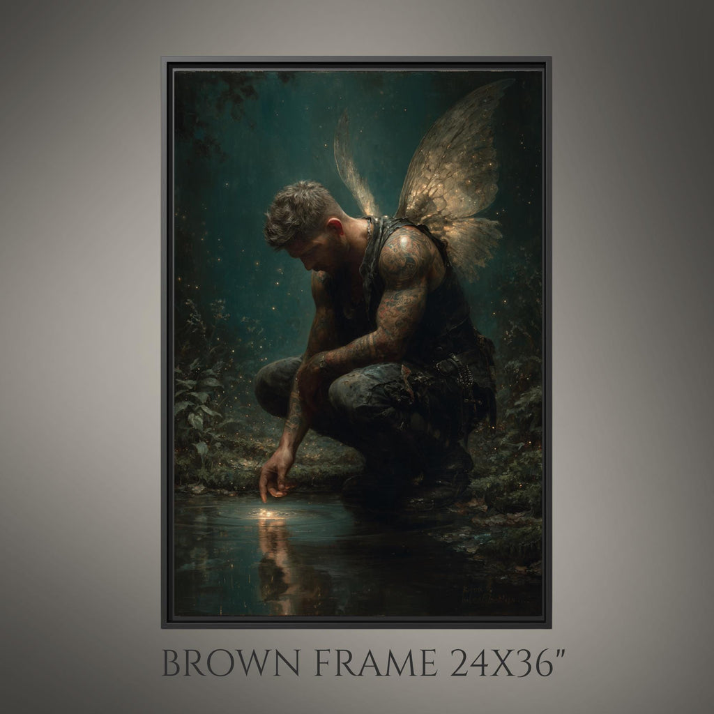 Male Angel Wall Art Tattooed Man Winged Fae Print Fantasy Guardian Decor Moody Masculine