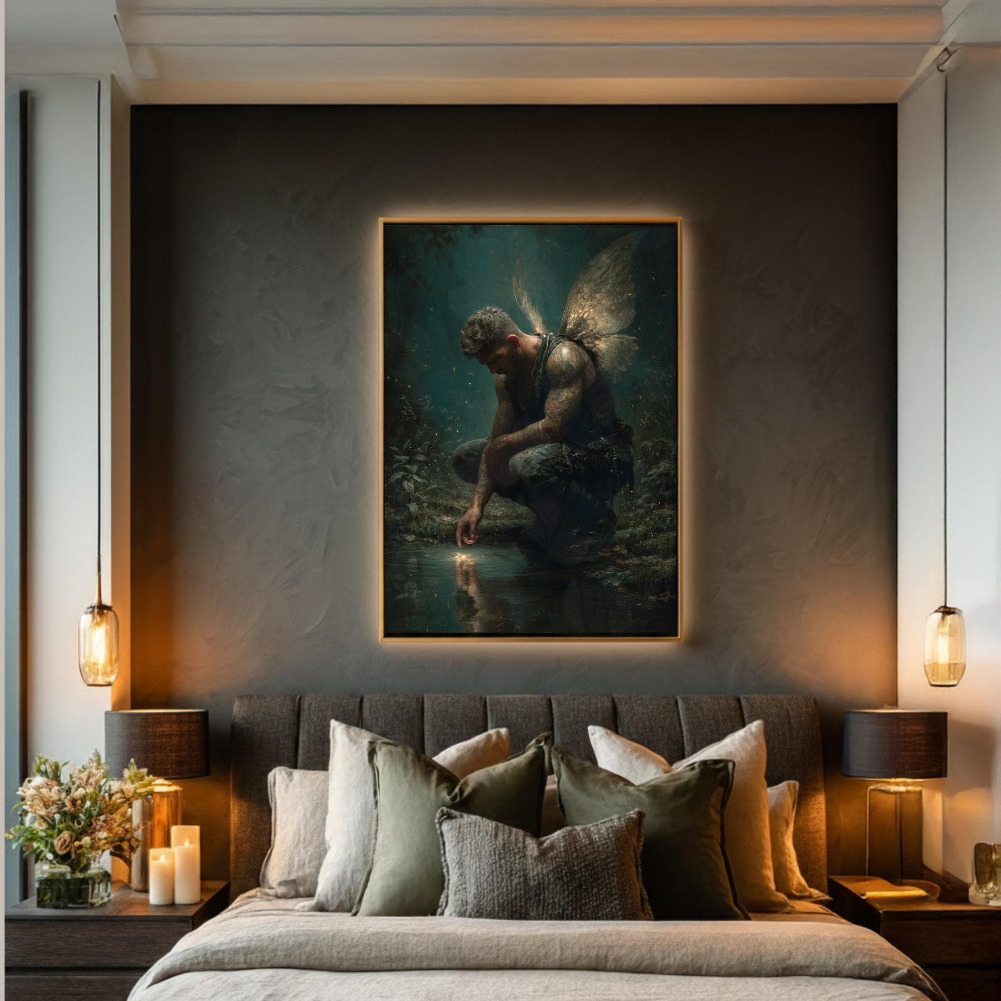 Male Angel Wall Art Tattooed Man Winged Fae Print Fantasy Guardian Decor Moody Masculine Secondary image