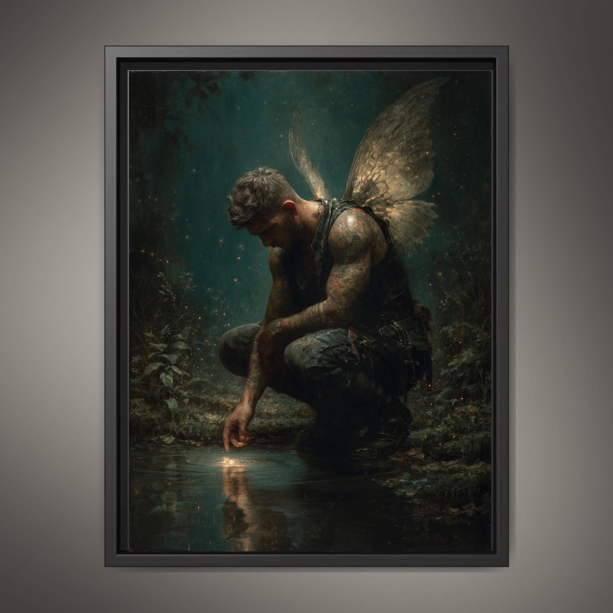 Male Angel Wall Art Tattooed Man Winged Fae Print Fantasy Guardian Decor Moody Masculine Main image