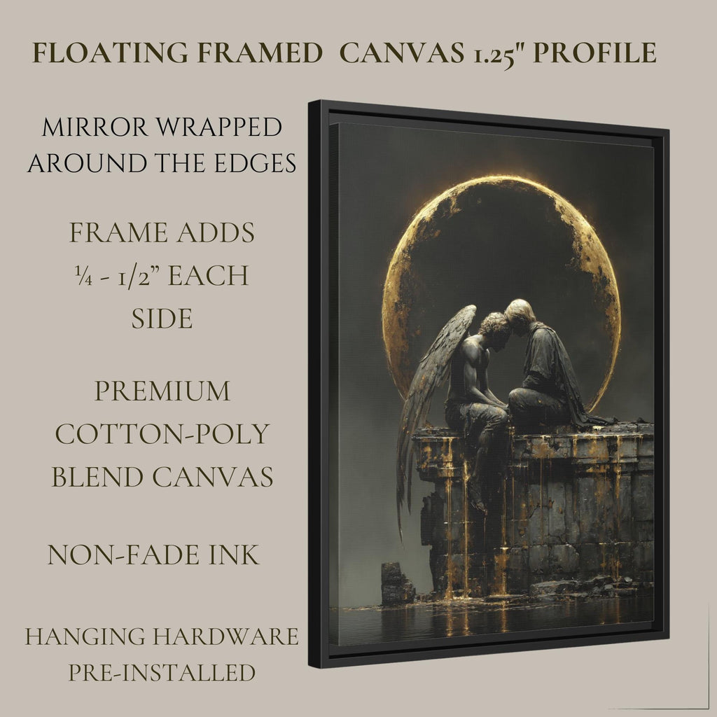 Angel and Lover Under Golden Eclipse Moon Art Print, Romantic Wall Art Celestial Painting
