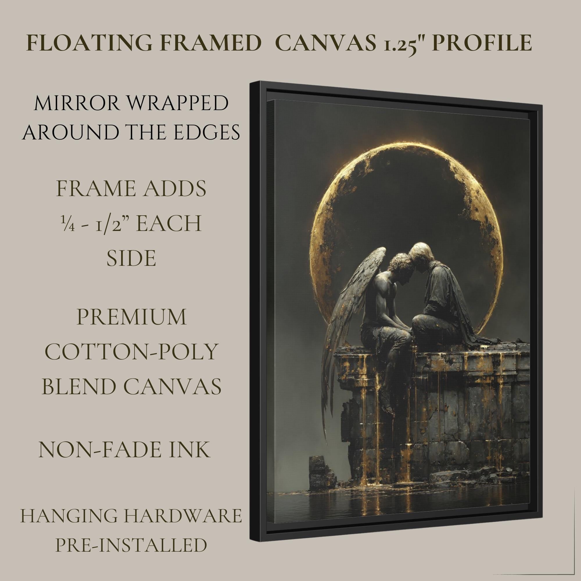 Angel and Lover Under Golden Eclipse Moon Art Print, Romantic Wall Art Celestial Painting