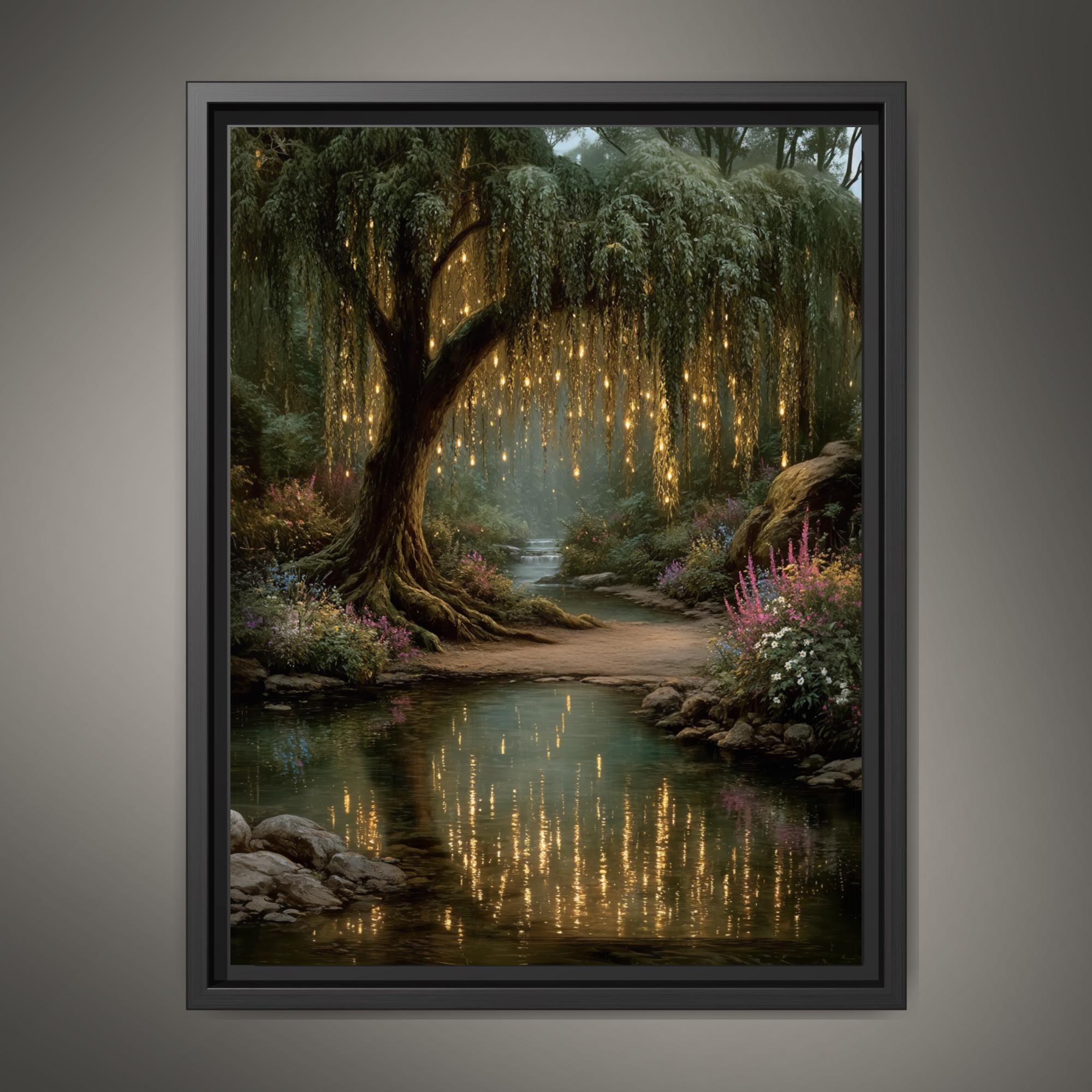 Enchanted Willow Tree Wall Art Print, Magical Forest Path Artwork, Fairy Light Woodland Decor Main image