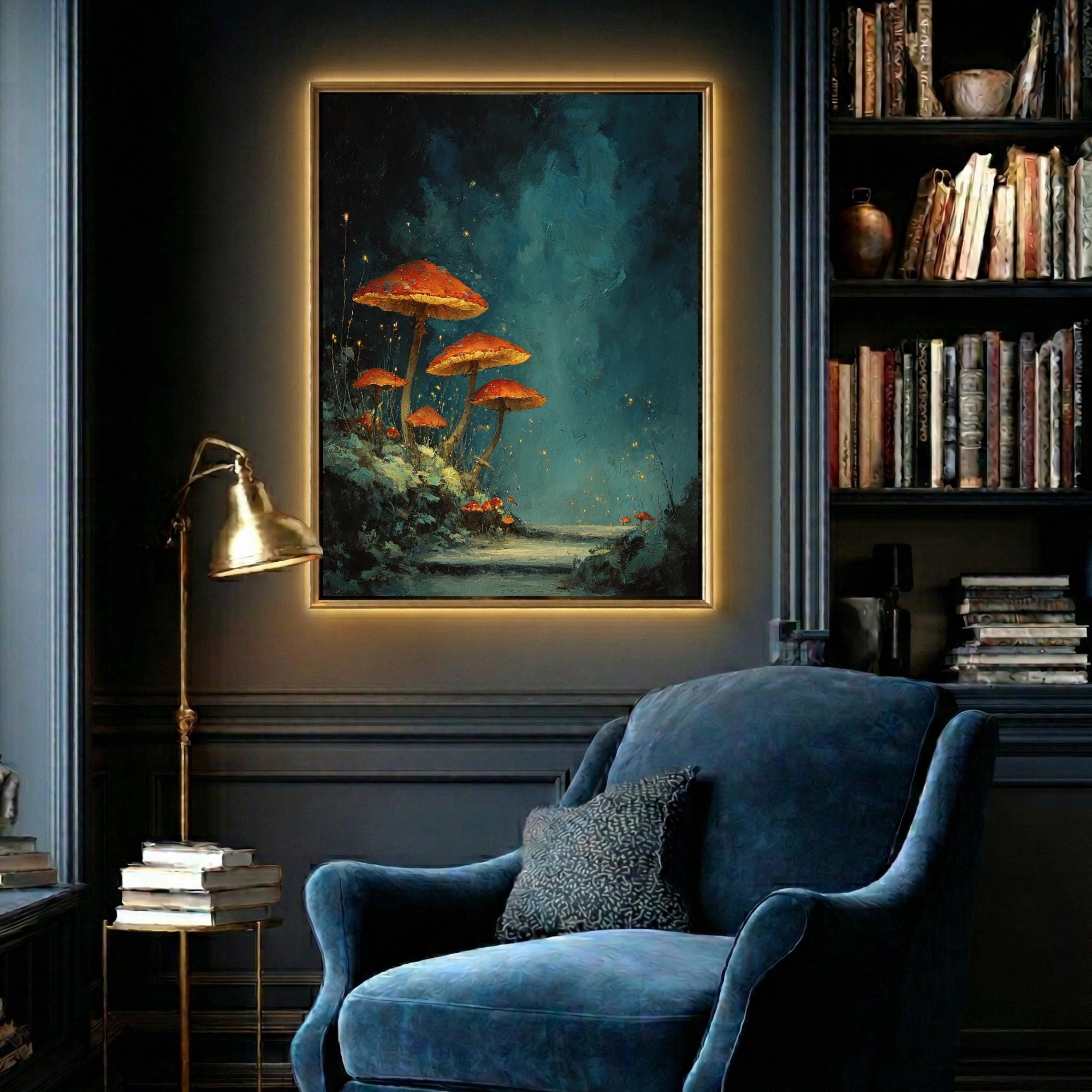 Whimsicore Toadstool Wall Art Red Glowing Mushroom Print Teal Blue Forest Glow Fairycore Decor