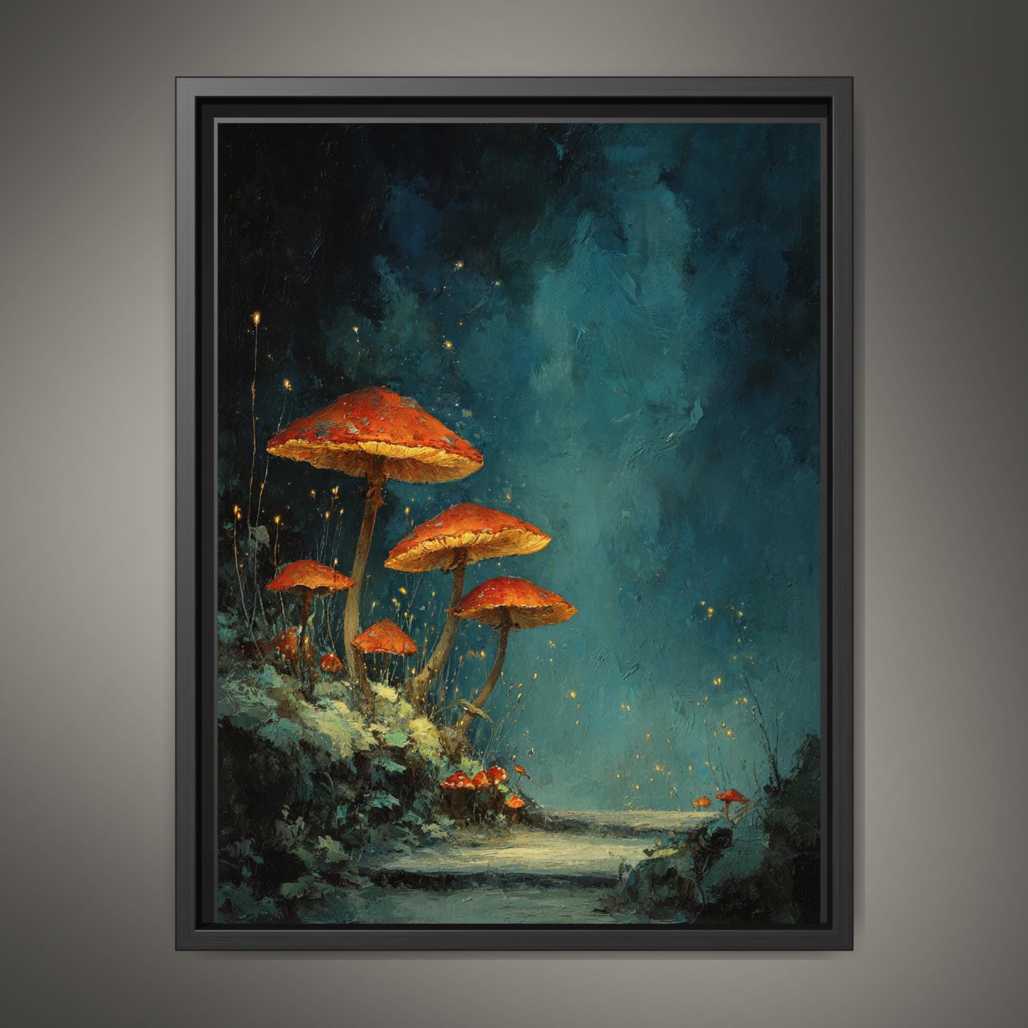 Whimsicore Toadstool Wall Art Red Glowing Mushroom Print Teal Blue Forest Glow Fairycore Decor Main image