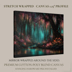 Enchanted Glowing Mushrooms Woodland Print, Teal Pink Magic Fairycore Whimsical Forest Painting