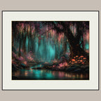 Enchanted Glowing Mushrooms Woodland Print, Teal Pink Magic Fairycore Whimsical Forest Painting