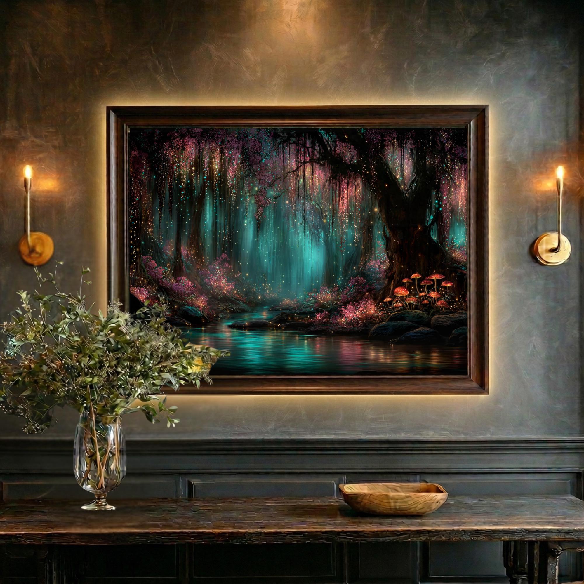Enchanted Glowing Mushrooms Woodland Print, Teal Pink Magic Fairycore Whimsical Forest Painting