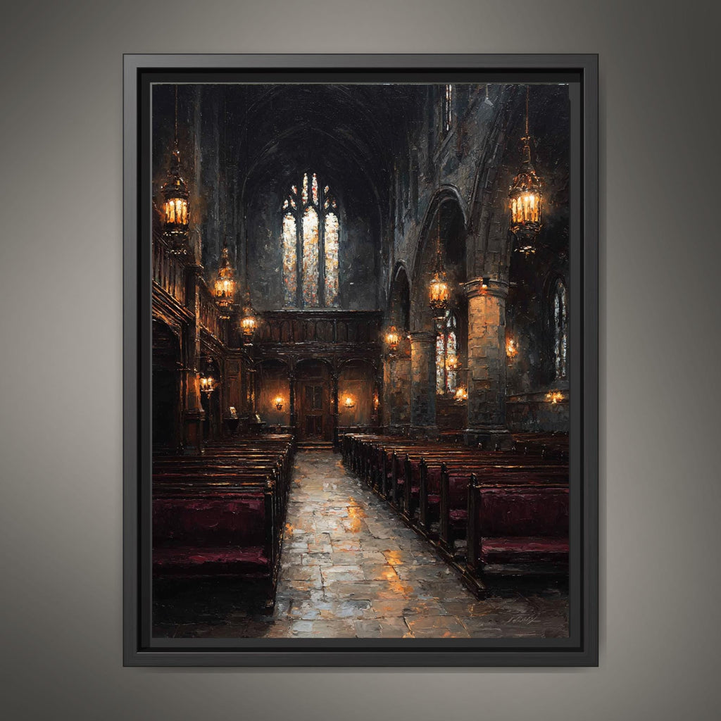 Stained Glass Window Chapel Wall Art Print Victorian Church Interior Glowing Lantern Lights Painting
