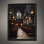 Stained Glass Window Chapel Wall Art Print Victorian Church Interior Glowing Lantern Lights Painting