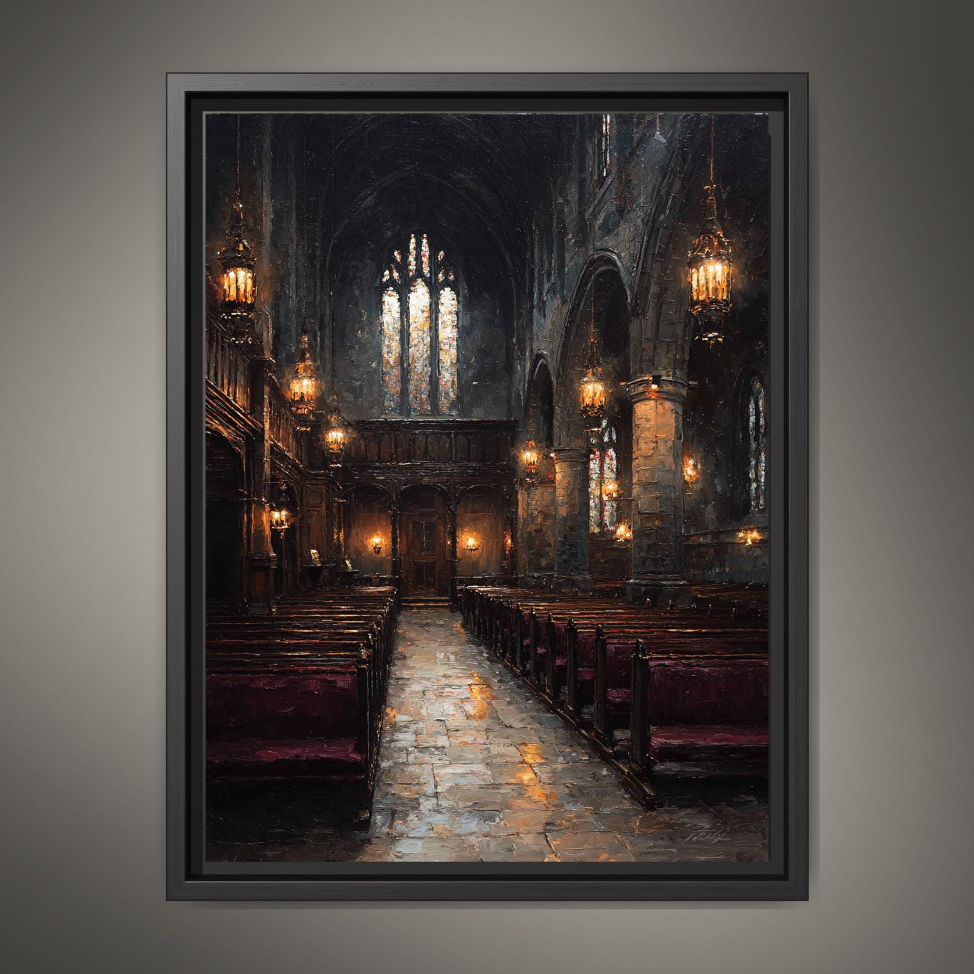 Stained Glass Window Chapel Wall Art Print Victorian Church Interior Glowing Lantern Lights Painting