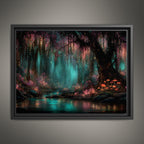 Enchanted Glowing Mushrooms Woodland Print, Teal Pink Magic Fairycore Whimsical Forest Painting