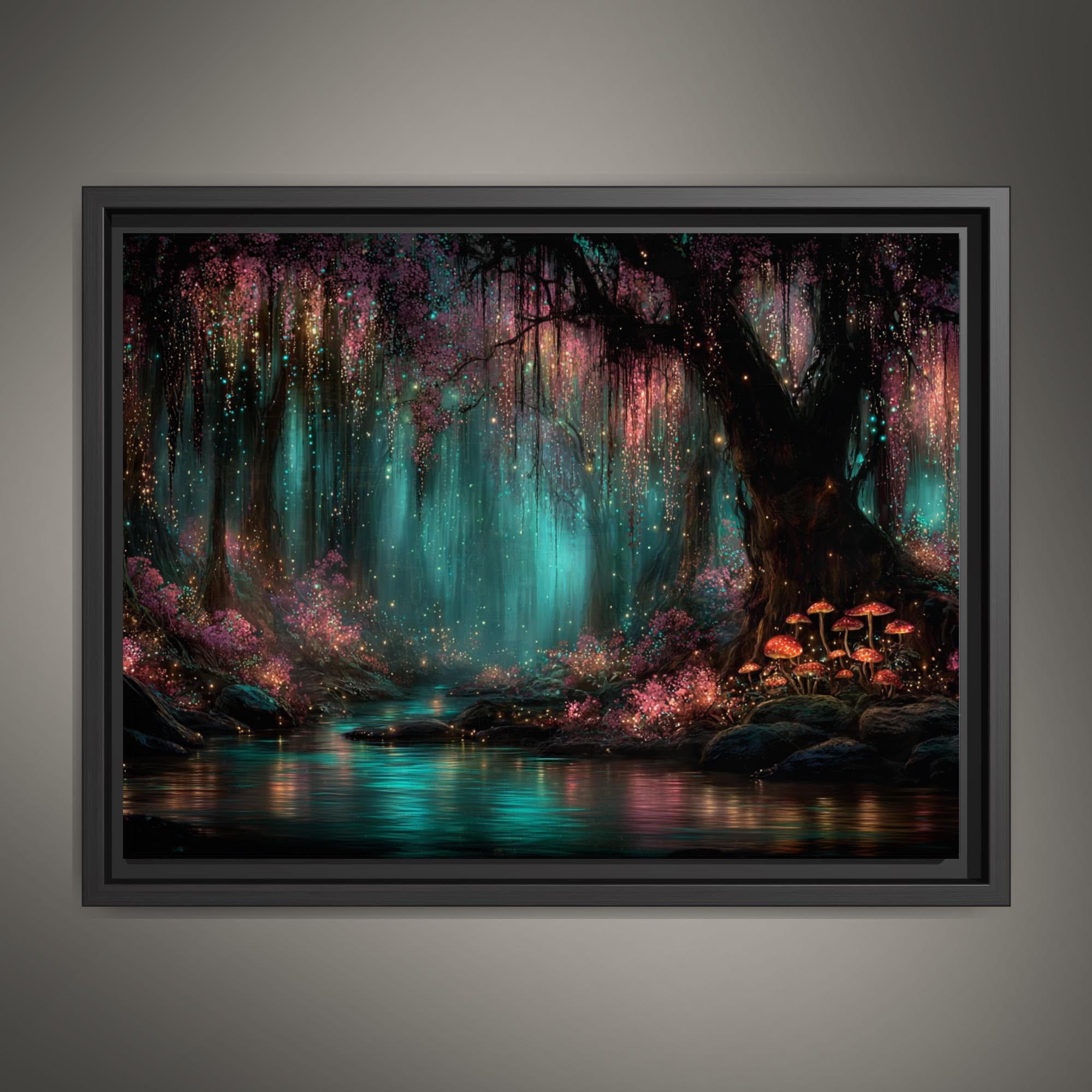 Enchanted Glowing Mushrooms Woodland Print, Teal Pink Magic Fairycore Whimsical Forest Painting